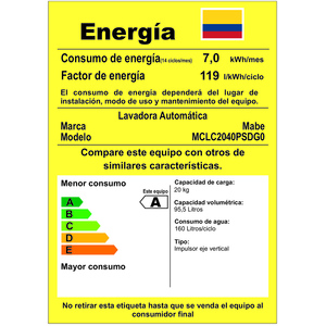 Centro de Lavado de 20 kg Diamond Gray Mabe - MCLC2040PSDG0