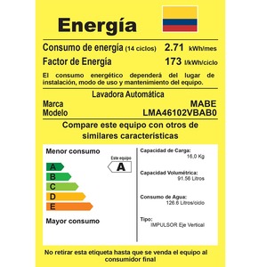 Lavadora Automática de 16 kg Blanca Mabe LMA46102VBAB0