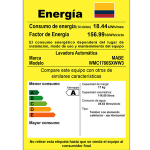 Lavadora Carga Frontal de 17 kg Blanca Mabe - WMC1786SXWW3