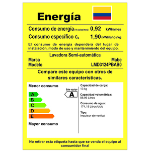 Lavadora Semiautomática de 13 Kg Blanca Mabe - LMD3124PBAB0