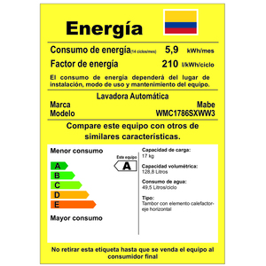 Lavadora Carga Frontal de 17 kg Blanca Mabe - WMC1786SXWW3