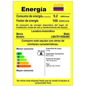 Lavadora Automática Agitador de 19 kg Blanca Mabe - LMA79114SBAB0